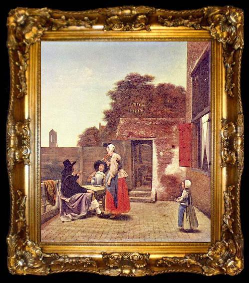 framed  Pieter de Hooch Hof mit zwei Offizieren und trinkender Frau, ta009-2
